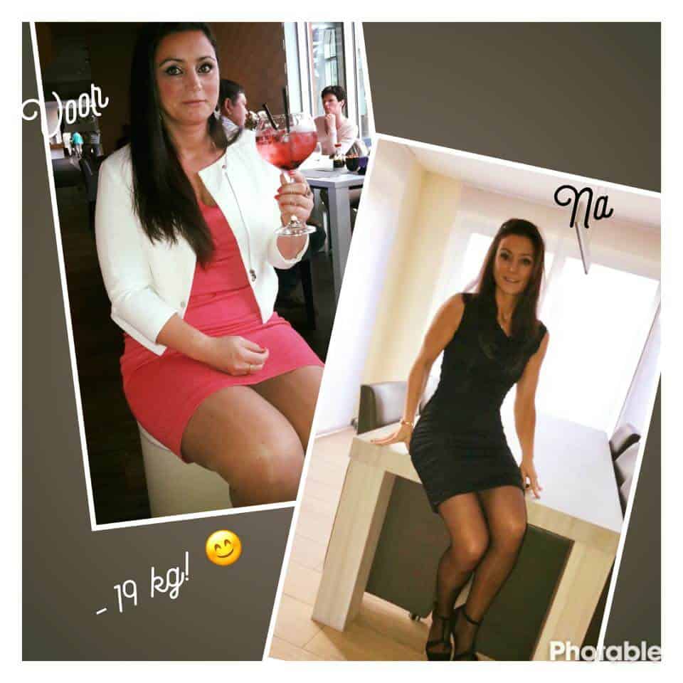 Voor en na foto van Elke, die 19 kg is afgevallen met virtuele maagband hypnose