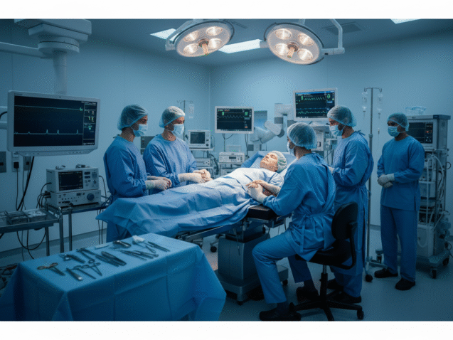 Moderne operatiekamer waar medische hypnose wordt toegepast tijdens chirurgische ingreep, met chirurgen rond ontspannen patiënt