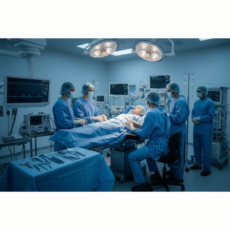 Moderne operatiekamer waar medische hypnose wordt toegepast tijdens chirurgische ingreep, met chirurgen rond ontspannen patiënt
