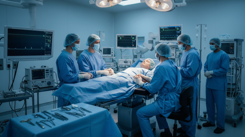 Moderne operatiekamer waar medische hypnose wordt toegepast tijdens chirurgische ingreep, met chirurgen rond ontspannen patiënt