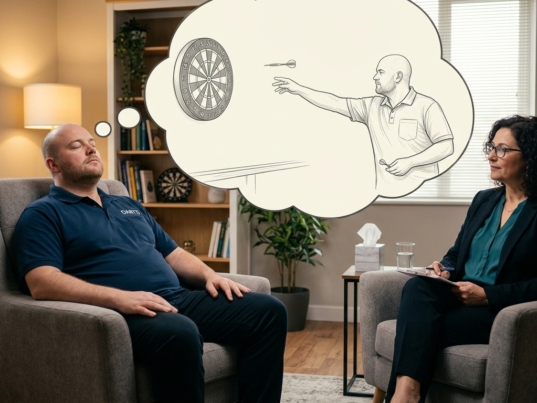 arteritis behandeling via hypnose - darter in hypnosesessie visualiseert succesvol dartsen