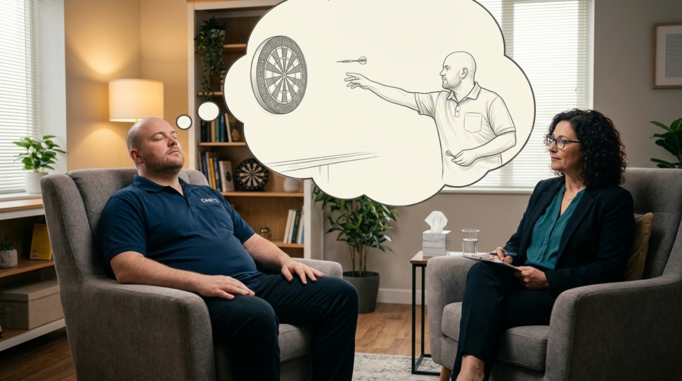 HypnoBlog 7 arteritis behandeling via hypnose - darter in hypnosesessie visualiseert succesvol dartsen